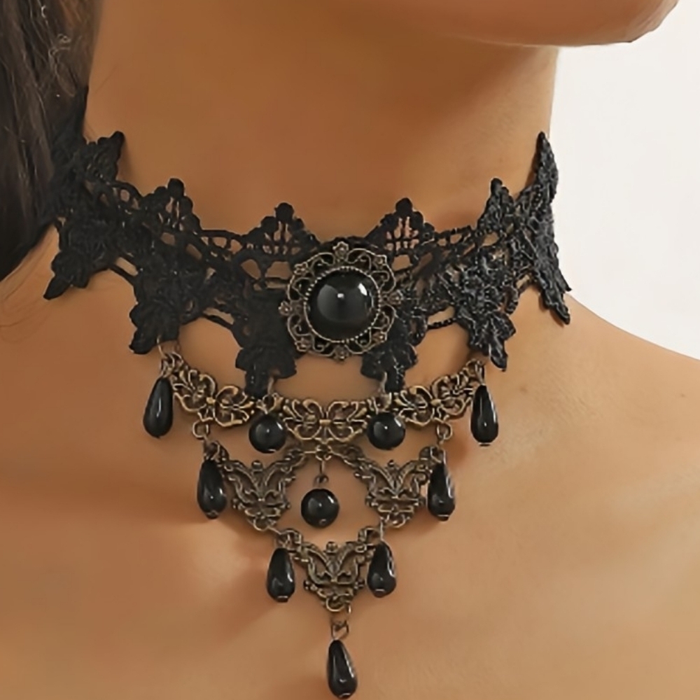 Victorian Gothic Black Lace Choker Necklace With Black Beads